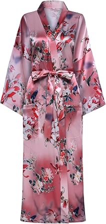 DandyChic Womens Long Floral Satin Robes Imitation Silk Sleepwear Bridal Dressing Gown for Bridesmaid Nightgown