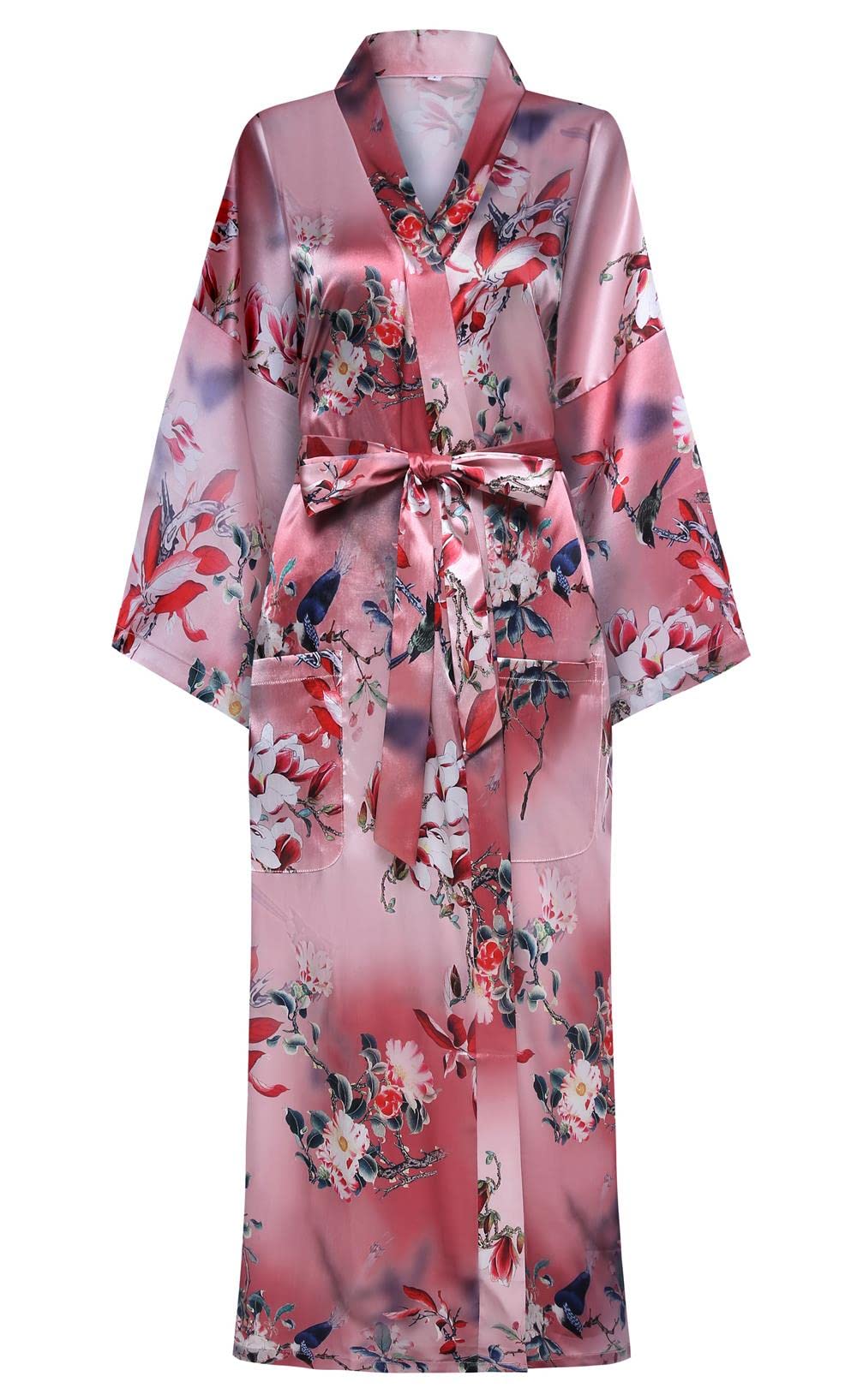 DandyChic Women's Long Floral Satin Robes Imitation Silk Sleepwear Bridal Dressing Gown for Bridesmaid Nightgown