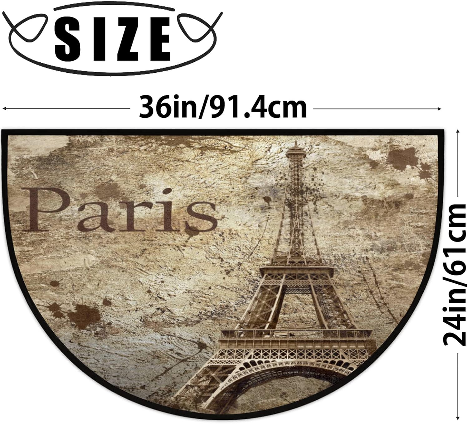 Vintage Eiffel Tower Half Round Door mat Paris France Non-Slip Soft Half Circle Area Rug Washable Durable Decor Half Moon Hearth Rugs for Floor Indoor Living Room Bedroom Kitchen Fireplace Rug