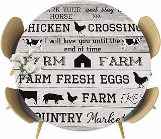 Animal Farm Round Fitted Tablecloth, Cattle Pig Chicken Retro Wood Texture Waterproof Oil Proof Tablecloths Fits 45"-54" Tables, Washable Table Cover for Kitchen Picnic Party