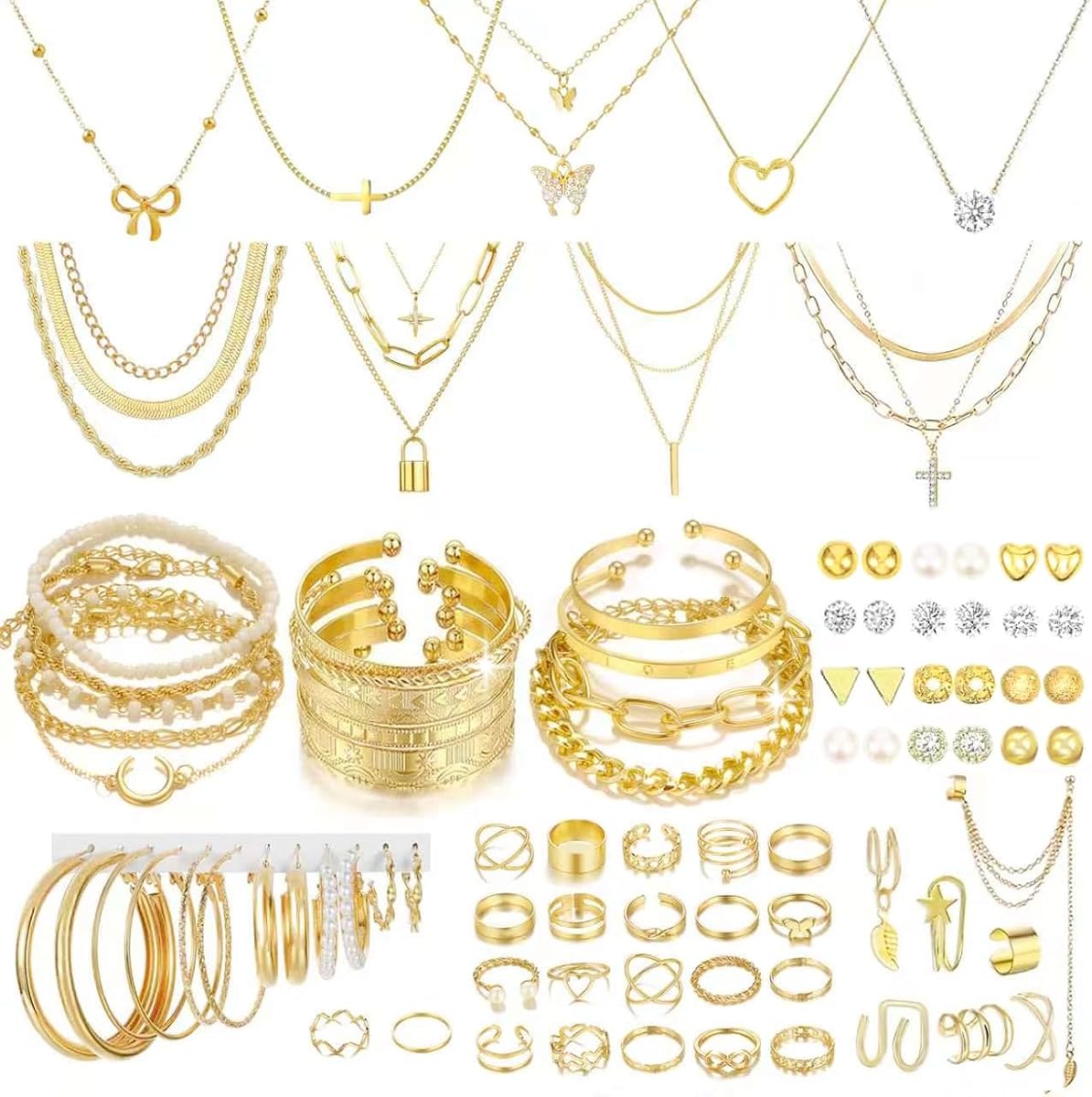 92 Pcs Gold Jewelry Set for Women-Includes 9 Layered Necklaces,16 Bracelets,43 Hoop|Stud|Cuff Earrings & 22 Knuckle Rings |Fashion Jewelry Gift Set