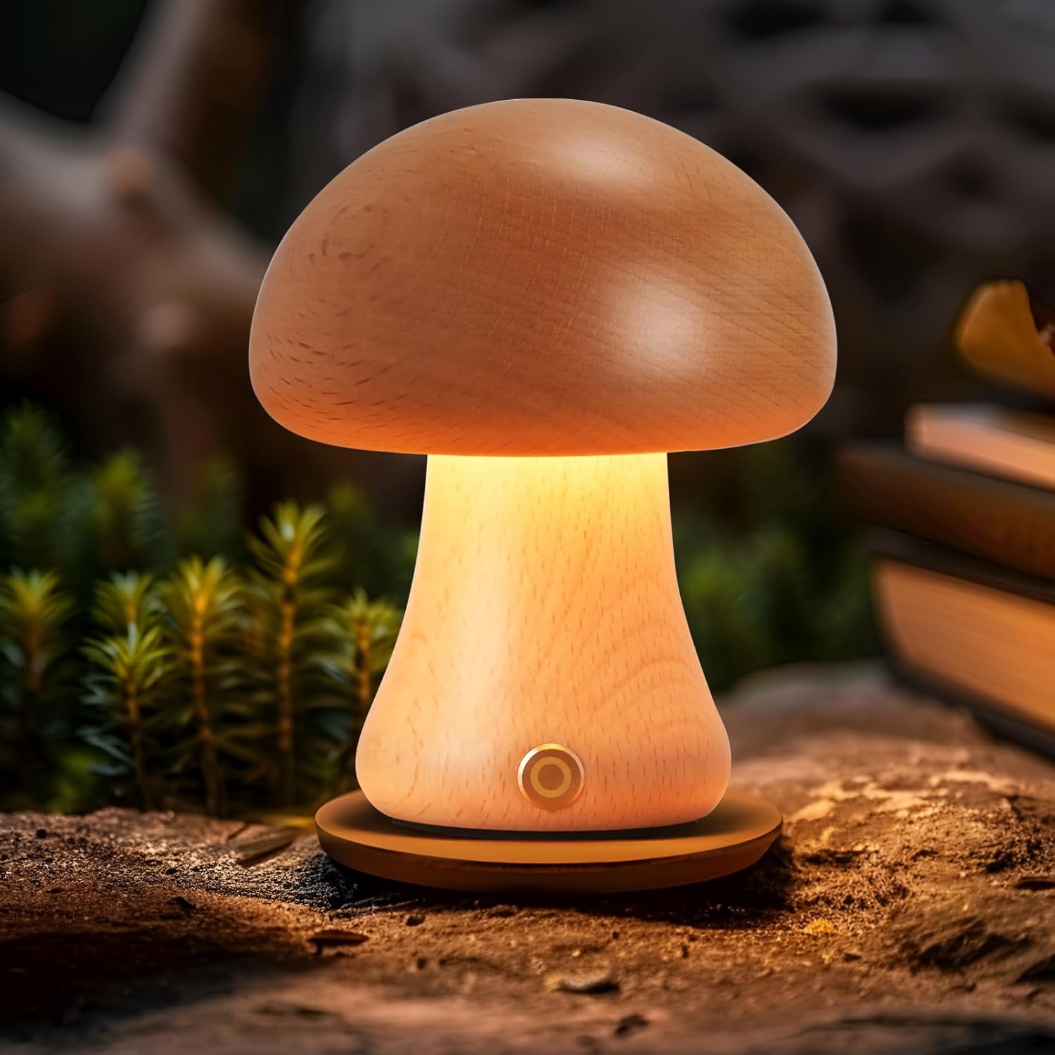 Creative Wood Mushroom Table Lamp, Portable Cordless Small Lamp, Rechargeable Battery Operated Lamp,Stepless Dimming, Night Light for Birthday Gifts, Creative Home Decor Unique House Gift