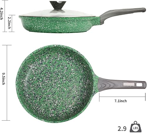 Miniatura 2 de TINCOKO Sartén antiadherente con tapa - Sartén antiadherente con revestimiento de granito verde de 9.5 pulgadas, sartén antiadherente de aleación de