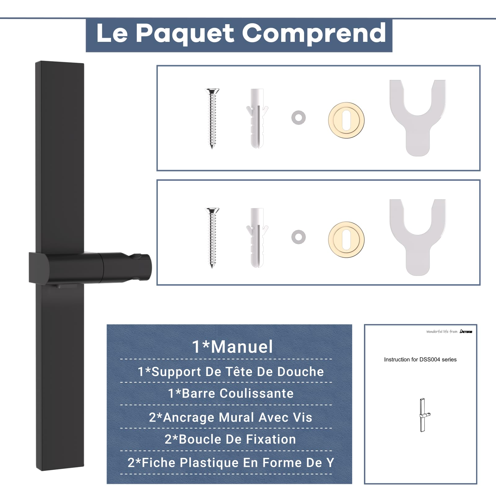 Barre de Douche sans Perçage Barre de Douche Adhésif avec Support de Pommeau de Douche Hauteurs et Angles 120° Réglables 120° Montage par Collage ou Perçage