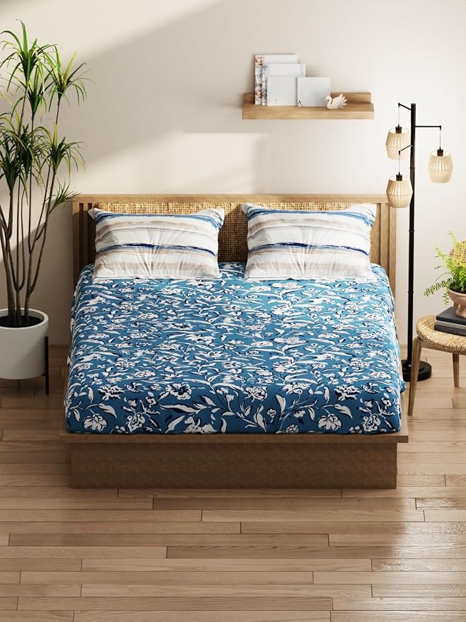 KOPA Extra Smooth Micro Double Bedsheet with 2 Pillow Covers -3pc Set (Classic Cotton Feel) | 152TC I Cotton I 1 Bedsheet with 2 Pillow Covers | Bedsheet for Double Bed, Double Bedsheet Floral-Blue