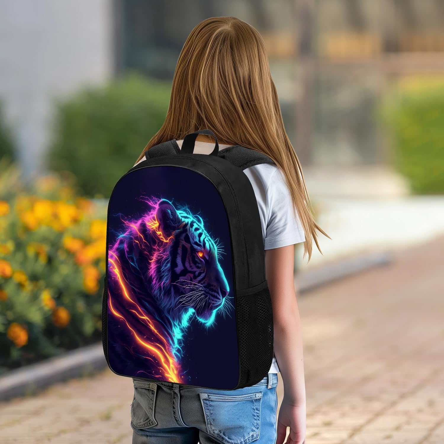 Tiger Backpack Blue Pink and Yellow Fire Tiger Laptop Backpacks for School/Travel/Work, Funny Animal Print Black School Bookbag for Kids Girls Boys, Water Resistant Casual 17" Daypack - Image 5