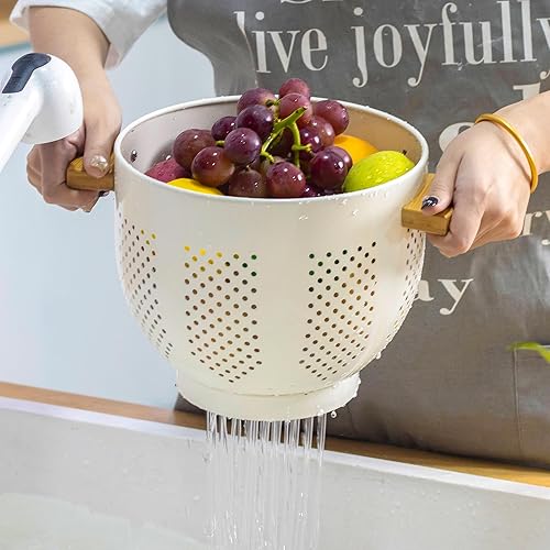 Miniatura 5 de Coladores con mango de madera, coladores y coladores de metal esencial para cocina, colador grande perfecto para pasta, frutas y más alimentos