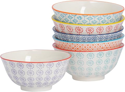 Nicola Spring Patterned Cereal Bowls - 6 Colours - 16cm - Pack of 6 - Hand Printed Japanese Style Porcelain Serving Bowls for Dessert, Pasta, Cereal, Salad, Noodles, Soup
