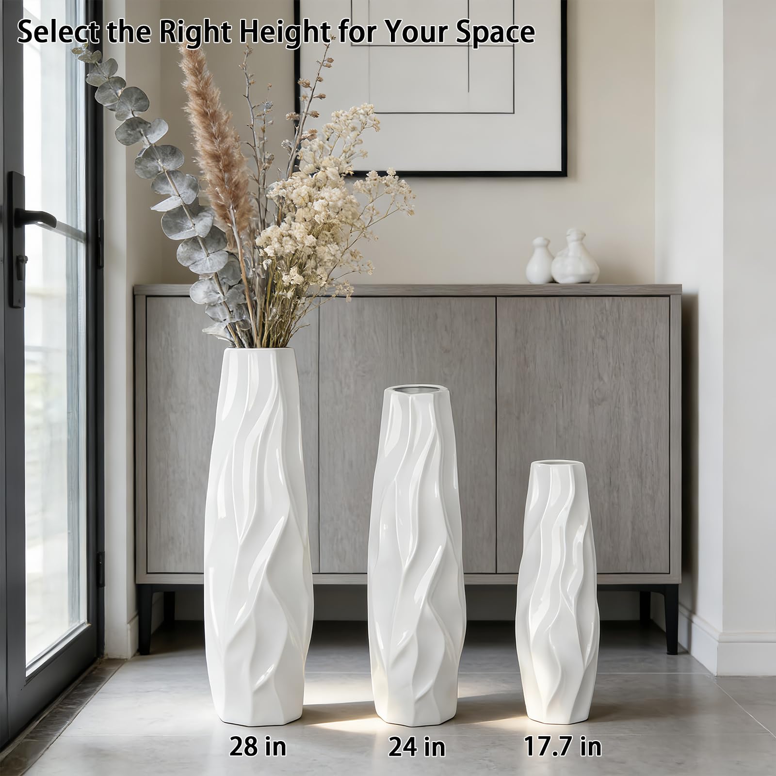 Jarrón grande de cerámica blanca de 60 cm para salón, oficina y dormitorio, elegante jarrón de flores para hierba de las Pampas