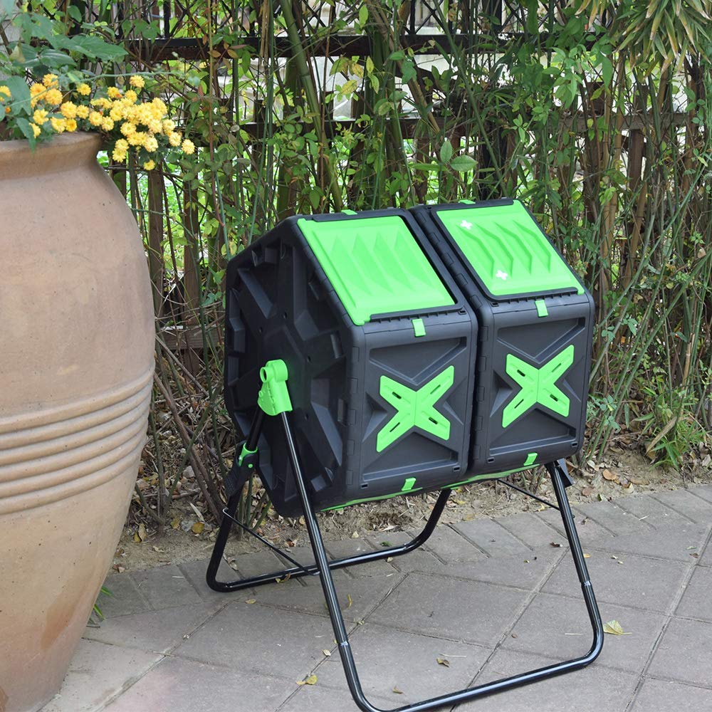 Tumbling-Komposterbin, Doppelkammerkompost Tumbler mit Easy-Turn, schnell arbeitendes System für Garten, 140L, Schwarz & Grün