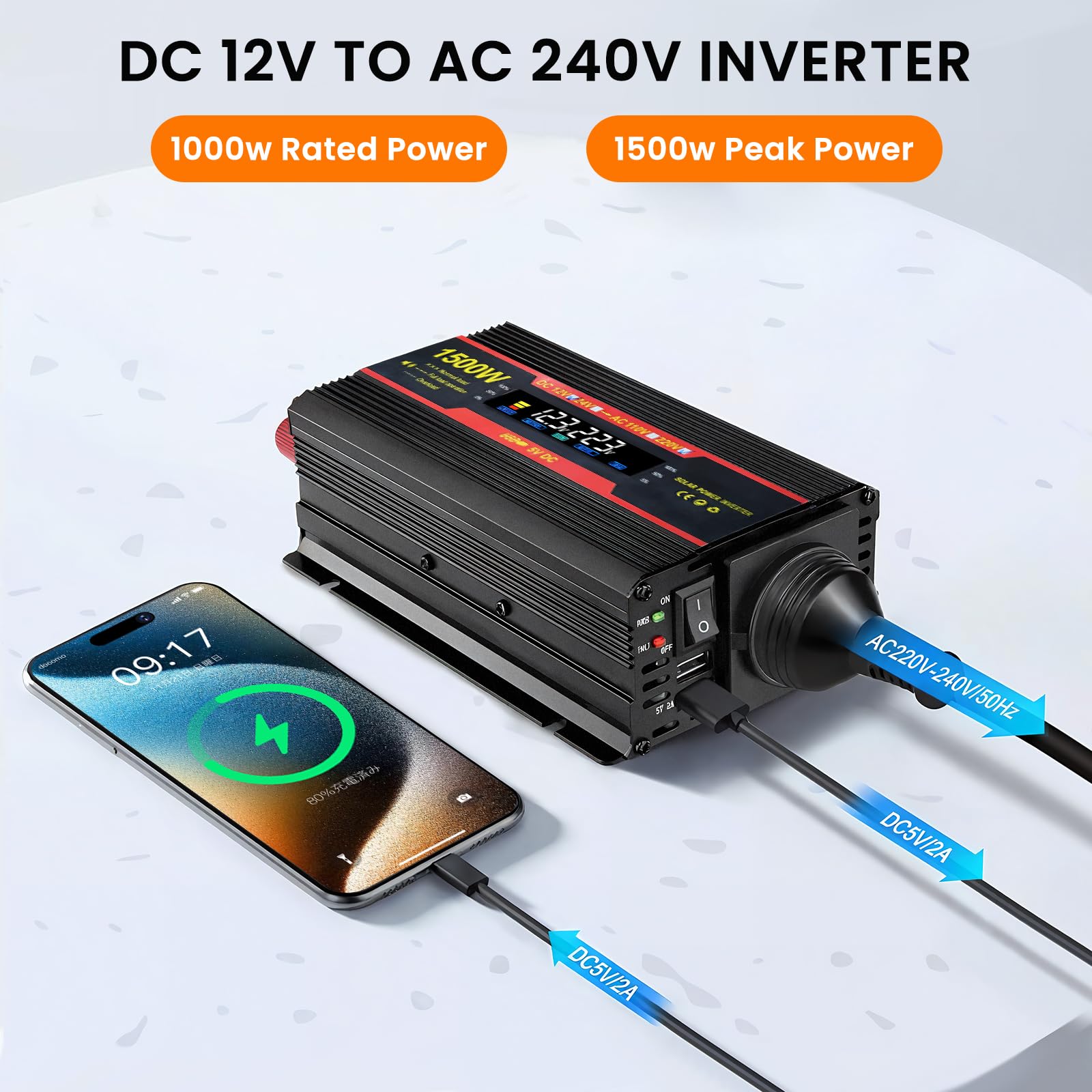 1500W Convertidor 12V 220V Transformador 12V A 220V Convertidor De Corriente, 1 Toma De Corriente Y 2 Puertos USB para AutomóViles, VehíCulos, Caravanas, Camiones