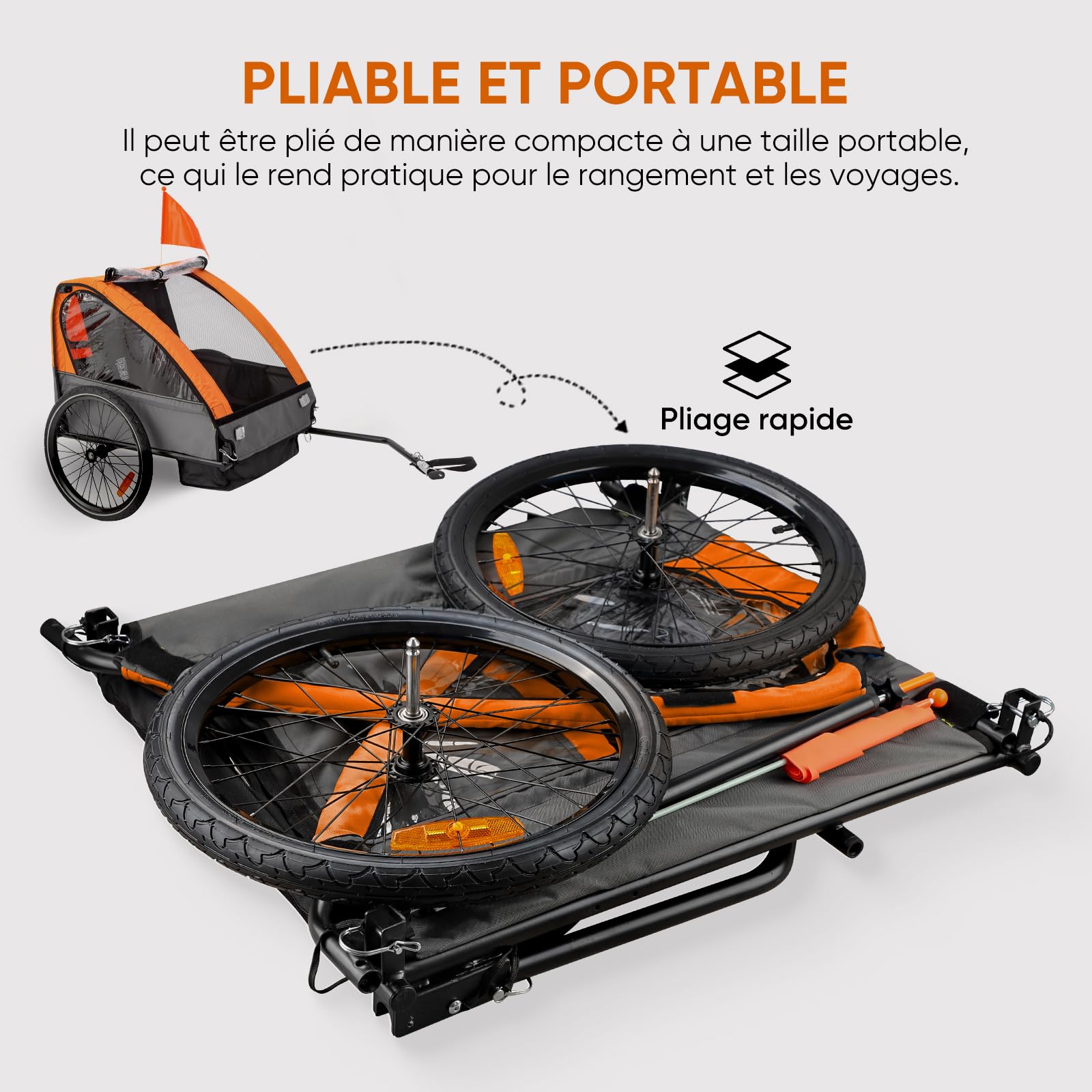 SEPNINE Remorque vélo Enfant, Remorque Enfant,Biplace Enfants Tout-Terrain Pliable avec Frein à Main Orange