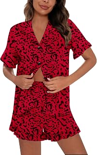 SWOMOG Woman Pajama Set Short Sleeve Pjs Set 2Pcs Short Pajamas Button Down Ruffle Hem Sleepwear Soft Modal Loungewear