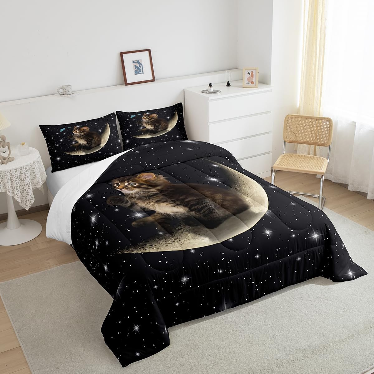 Feelyou Kids Cat Comforter Set Cute Pet Cats Stars Butterfly Bedding Set for Boys Girls Galaxy Comforter Brown Cat Lover's Decor Quilt with 2 Pillowcases 3Pcs Bedding Queen Boys