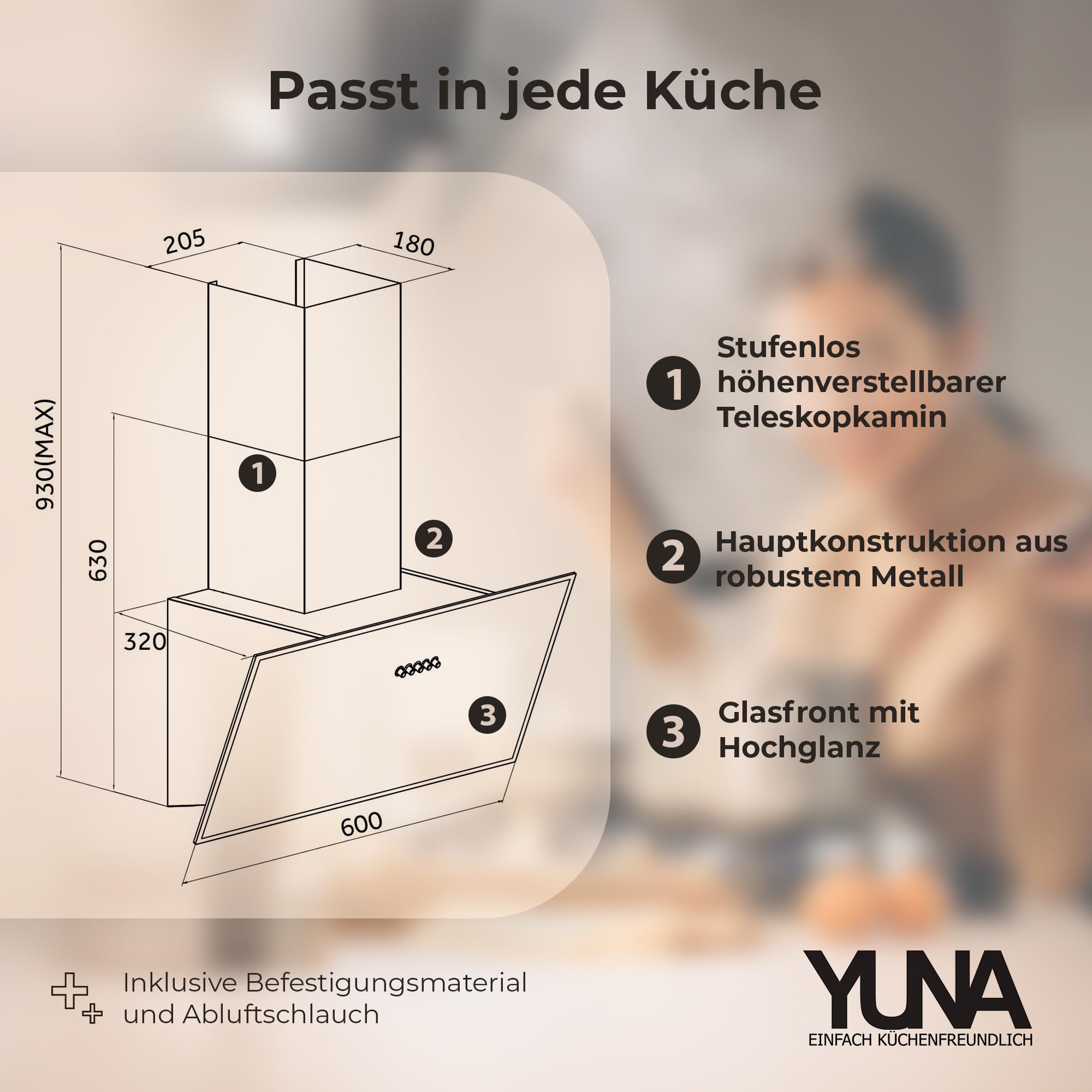 YUNA Dunstabzugshaube DUSICA 60 cm Schwarz Glasfront 3 Leistungsstufen 47W Motorleistung Energieeffizienz A Abluft Umluft Kopffrei LED Beleuchtung Ohne Kohlefilter Wandhaube