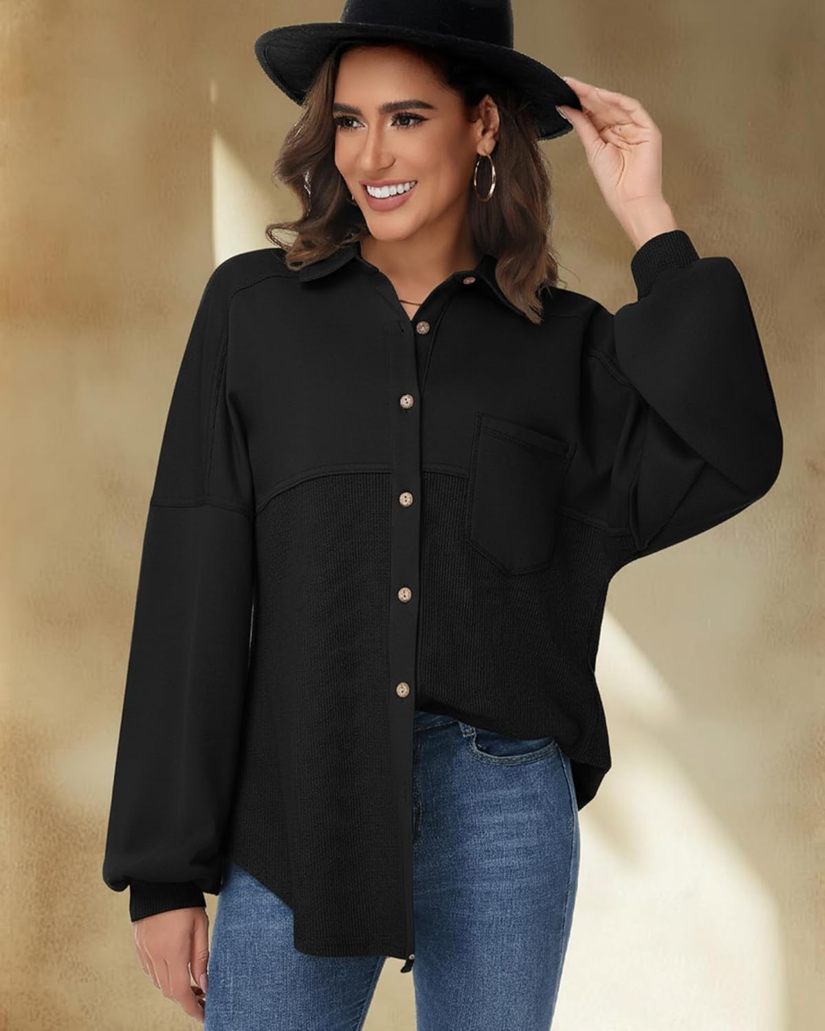 Women Waffle Knit Shacket Fall Fashion Shirt Button Down Long Sleeve Shirt Jacket Dressy Causal Top with Pockets - Image 2