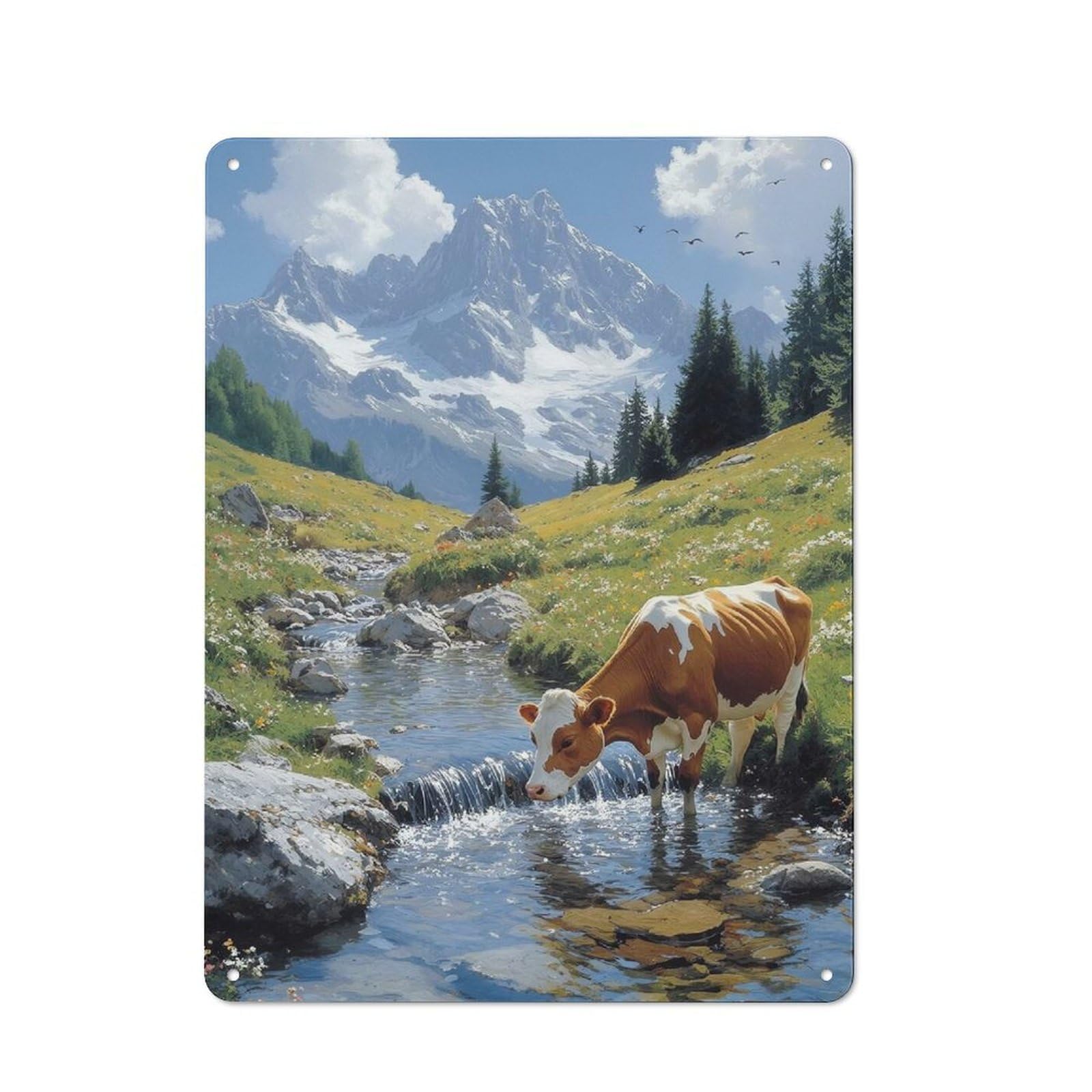 Junmoney Style-5 Tin Wall Plaque 40X30cm With Cow Drinking Water In Mountain Landscape For Man Cave Or Games Room, A Christmas Gift For Leisure-Room Decor Enthusiasts