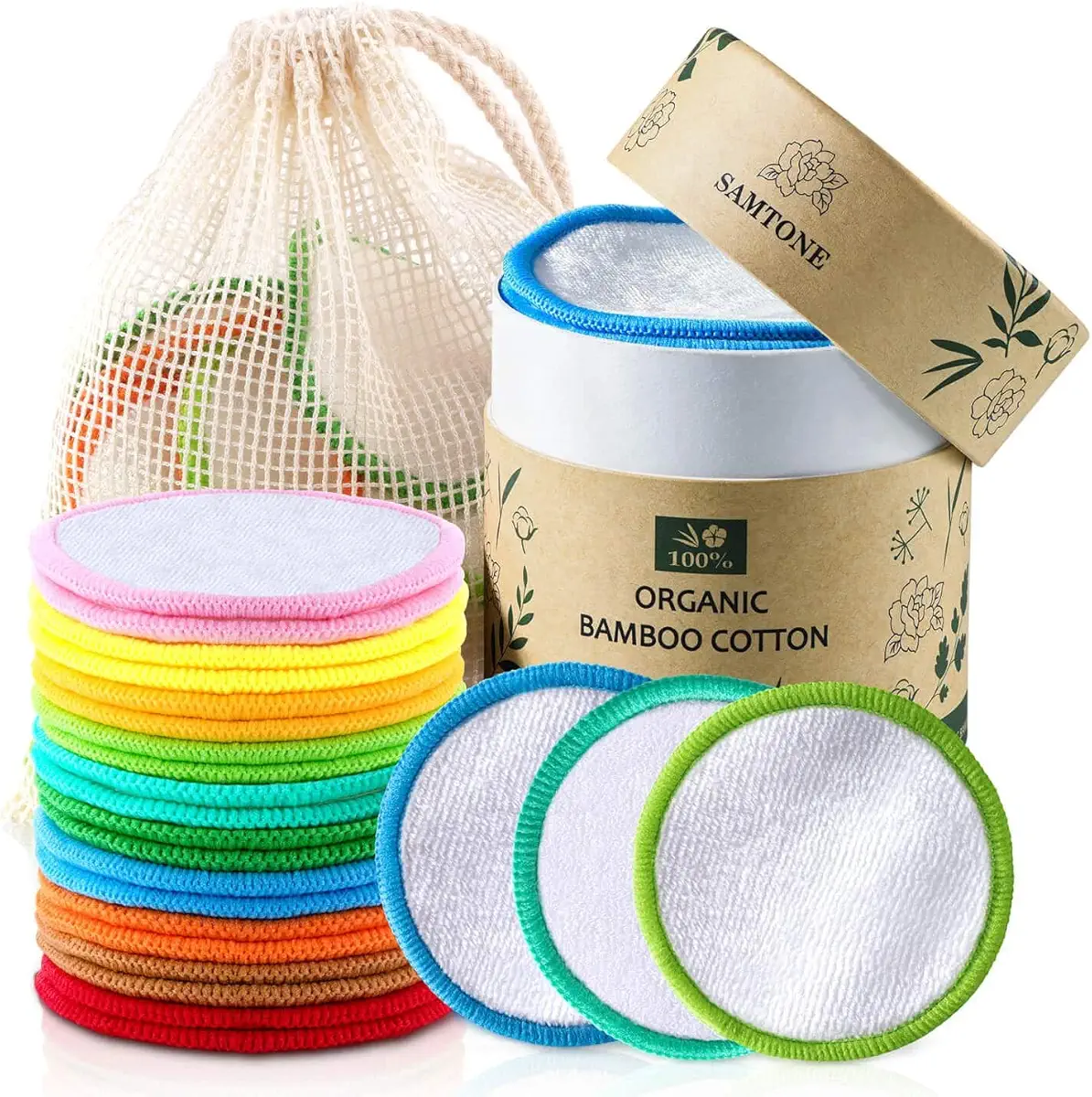 Samtone Reusable Makeup Remover Pads 20 Pack with Cotton Laundry Bag and Round Box – Organic Face Cleansing Reusable Cotton Rounds for Toner, Washable Eco-Friendly Bamboo Cotton Pads Diameter 8cm