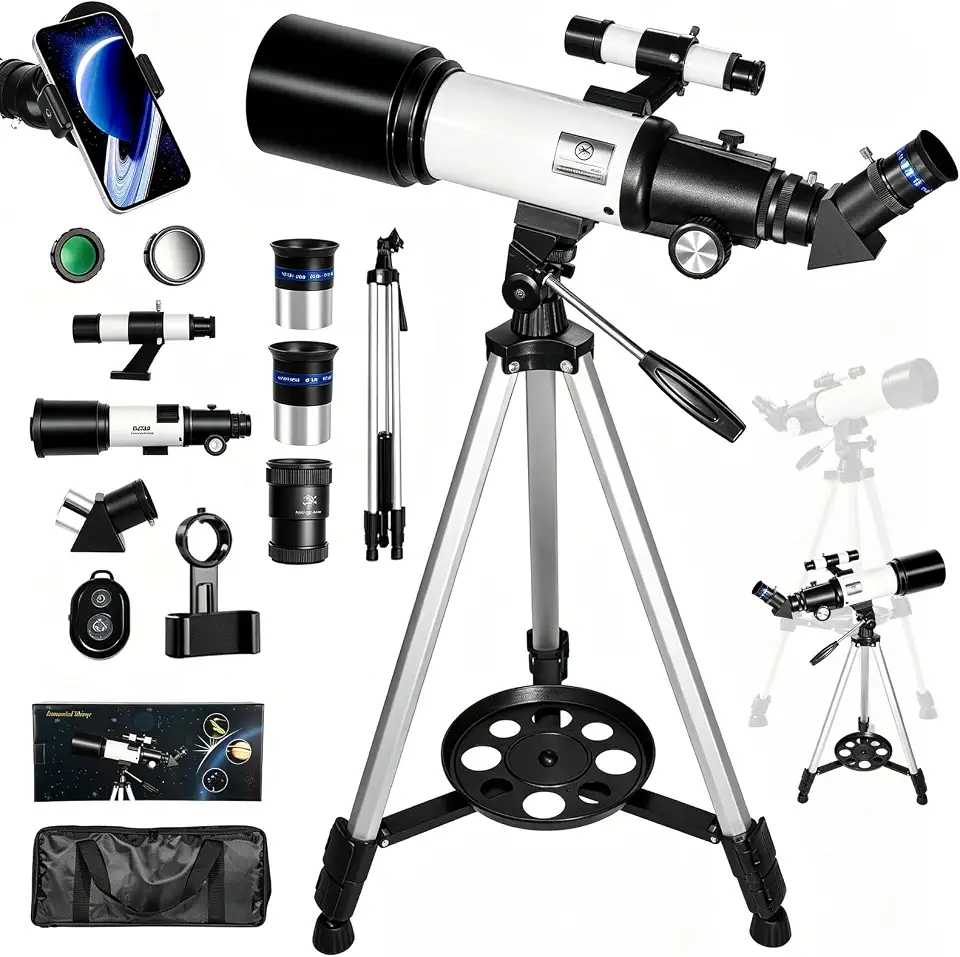 Telescópio,Telescópio Astronômico Refratário com Tripé,Binóculos Portáteis de 70MM,Equipado com 3 Oculares,Tripé com Altura Ajustável e Adaptador para Telemóvel