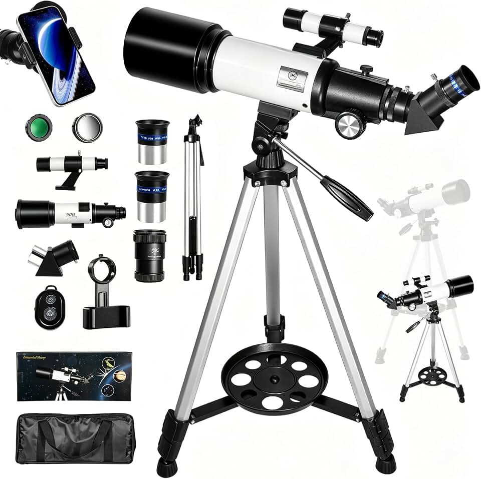 Telescópio,Telescópio Astronômico Refratário com Tripé,Binóculos Portáteis de 70MM,Equipado com 3 Oculares,Tripé com Altura Ajustável e Adaptador para Telemóvel