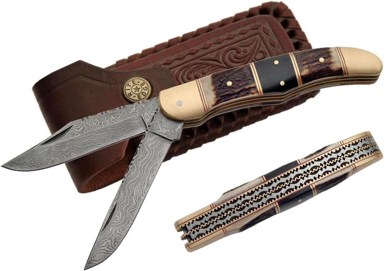 SANZ Damascus Folding Pocket Knife 2 Blades - Folding Knife for Men, Damascus Blade, Horn Handle for Camping, Hiking, Outdoor Use