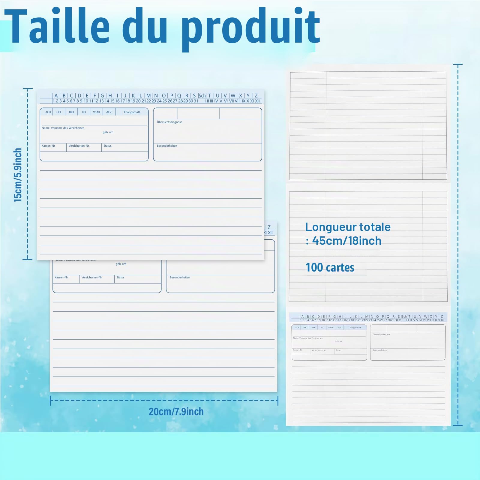 Lot de 100 cartes pliées pour patients - Format A5 - Pour médecin, thérapie, hôpital, physiothérapie, gymnastique, bleu