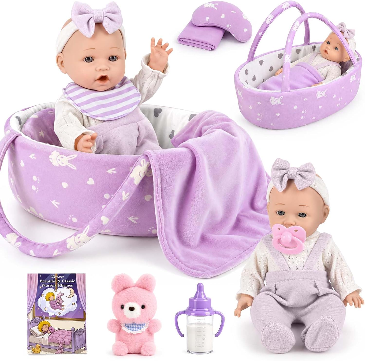 Dreamon Baby Doll Set 12" Baby Doll with Feeding & Care Accessories, Purple