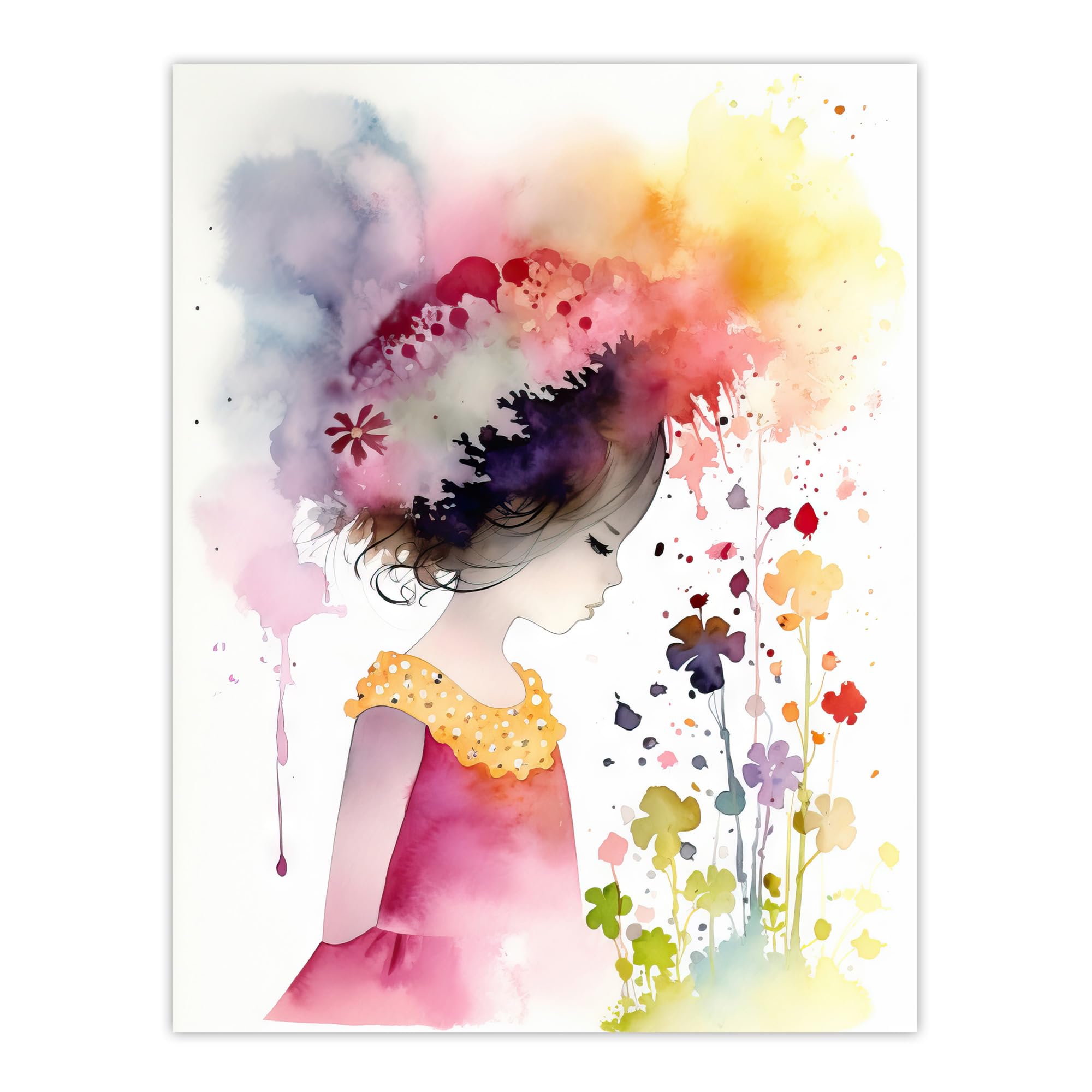 Artery8 The Girl In The Flower Meadow Watercolour Girls Bedroom Artwork Large Wall Art Poster Print Thick Paper 18X24 Inch