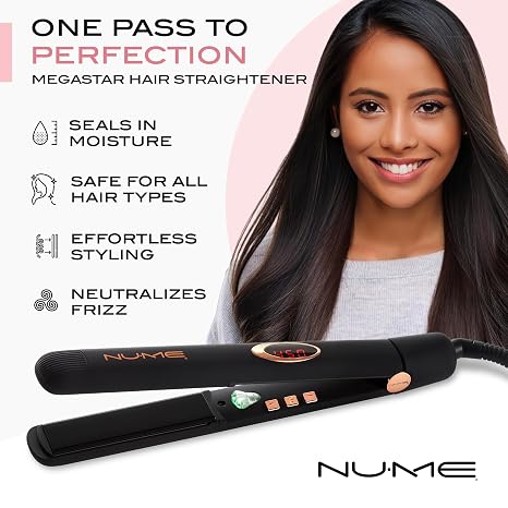 NuMe Megastar Hair Straightener Tourmaline Flat Iron1 Inch Floating Plates with Negative Ion Booster, Infrared Light Strip, Ideal for All Hair Types Ultra-Smooth and Shiny Results