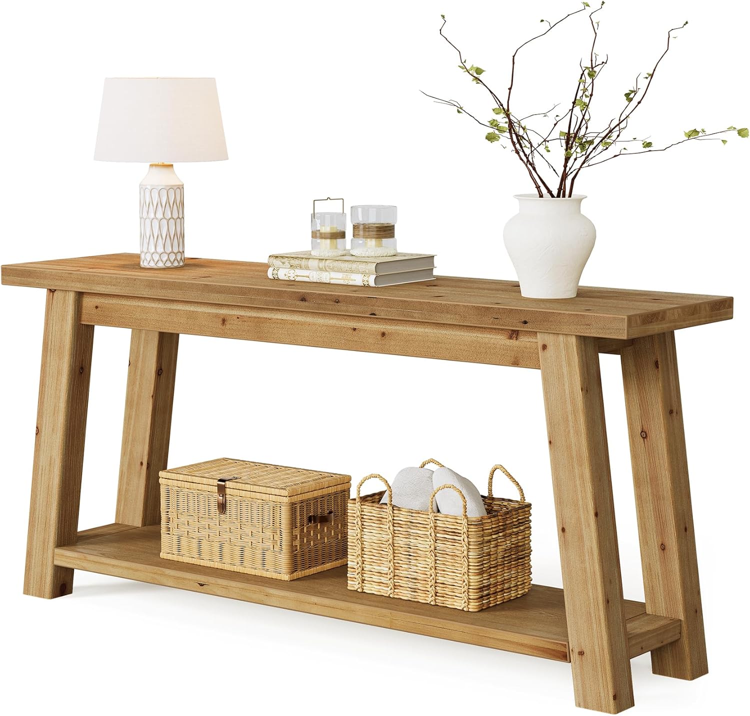 LITTLE TREE 70.9" Solid Wood Console Table for Entryway, 2-Tier Sofa Table Behind Couch, Farmhouse Entryway Table for Living Room, Bedroom, Foyer