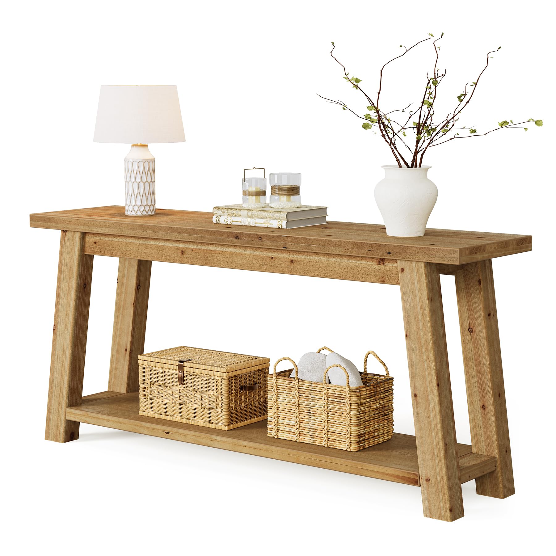 Consola de madera maciza 180 cm, 2 niveles, mesa de sofá estrecha estilo granja para entrada, sala de estar, dormitorio, detrás del sofá, color madera natural, montaje fácil