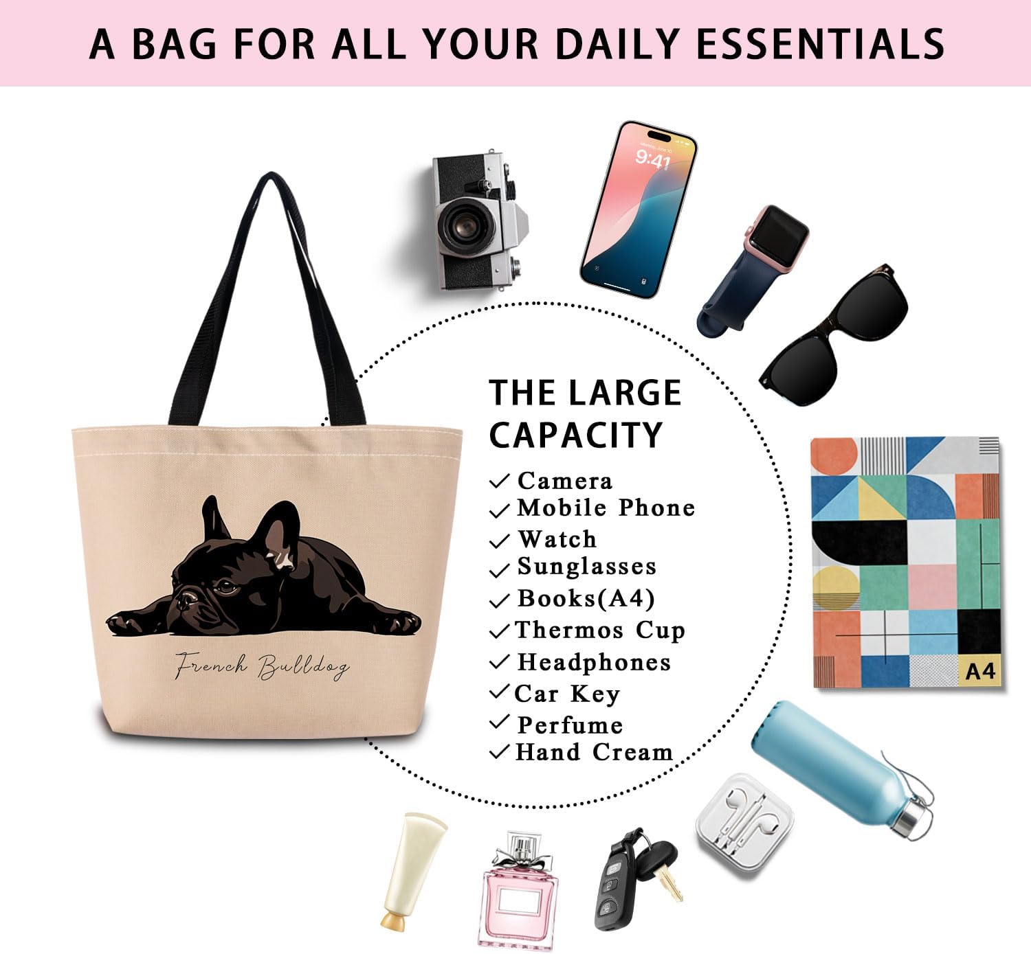 French Bulldog Tote Bag Reusable Grocery Bags Aesthetic Shopping Shoulder Handbag with Interior Zipper Pocket Stylish French Bulldog Present for Dog Lovers Women - Image 7