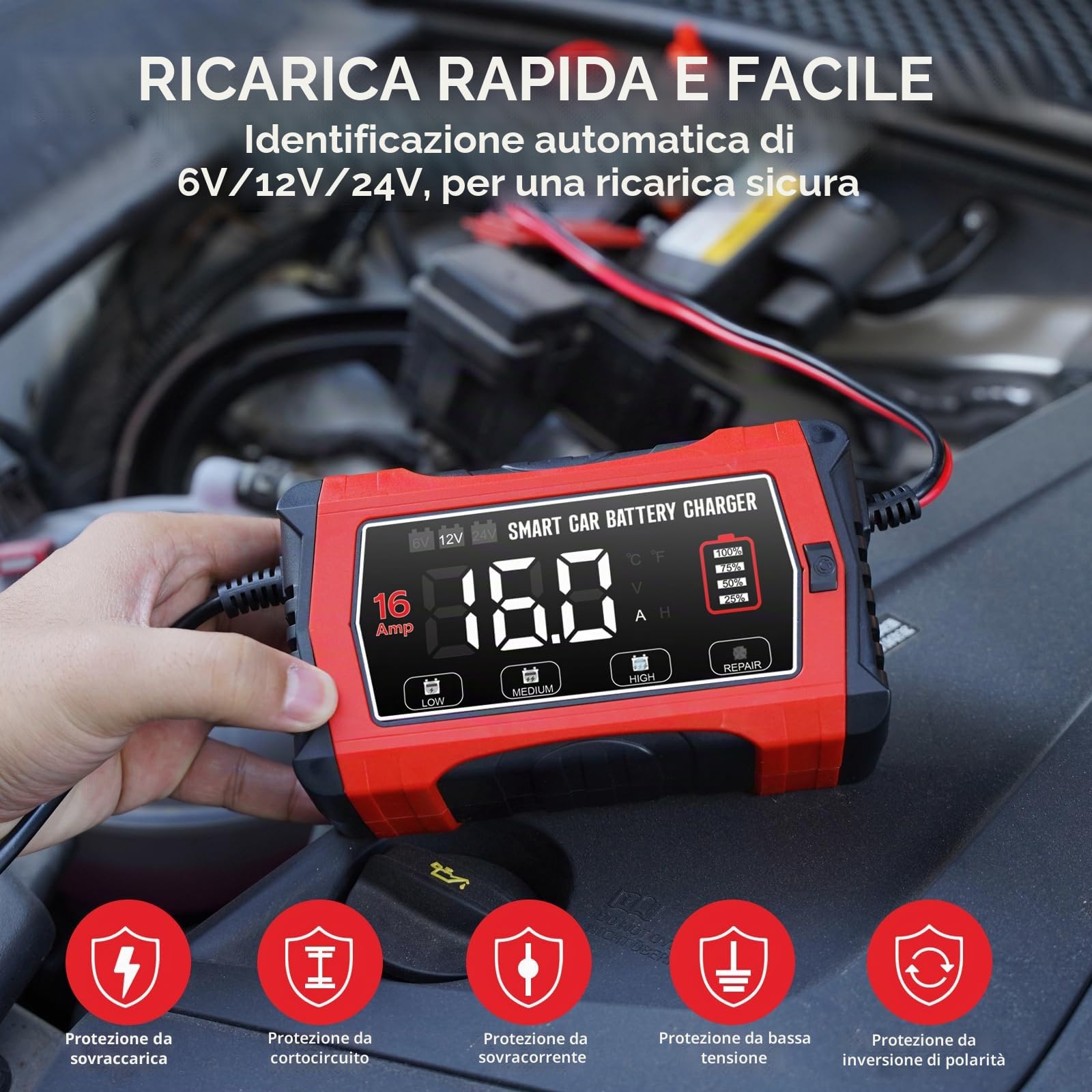 Haisito Caricabatterie per Auto 16A, Caricabatterie Automatico Intelligente 6V/12V/24V per Batterie al Piombo (AGM/GEL/SLA/EFB) e LiFePO4, Mantenitore a 10 Stadi con Schermo LCD per Auto, Moto