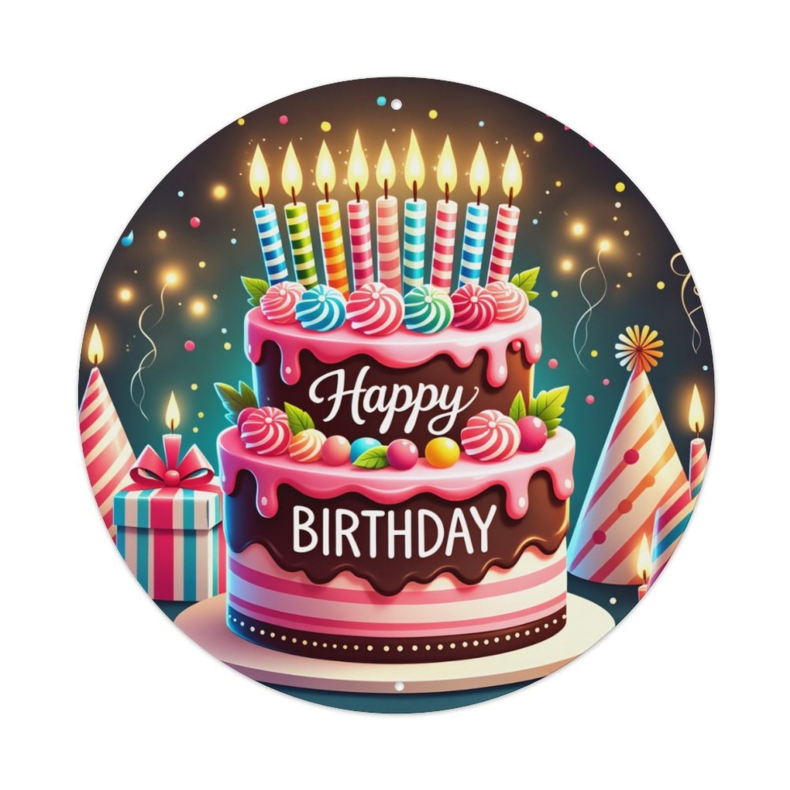 Happy Birthday Cake Pattern Round Tin Sign Vintage Metal Poster, Home Bar Garage Man Cave Cafe Indoor & Outdoor Wall Decoration 8x8Inches