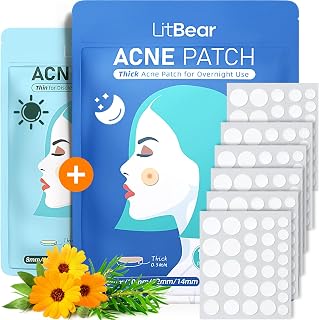 LitBear Acne Pimple Patches: 180 Hydrocolloid Dots Day & Night, 4 Sizes with Witch Hazel, Tea Tree Oil - Zit Stickers for Blemishes
