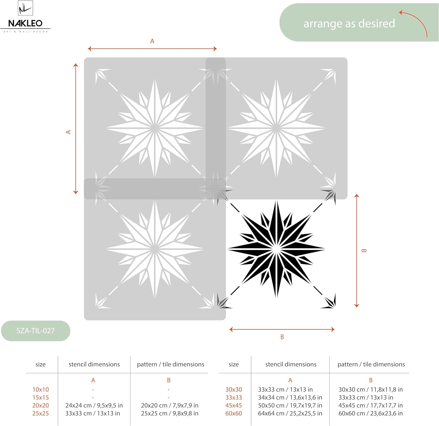 NAKLEO Tile Painting Stencil 23,6”x23,6”, Estrella Spanish Moorish Star Moroccan, Plastic Reusable Large Template, Home Decor Craft DIY, Floor Concrete Patio Wall - Terracotta