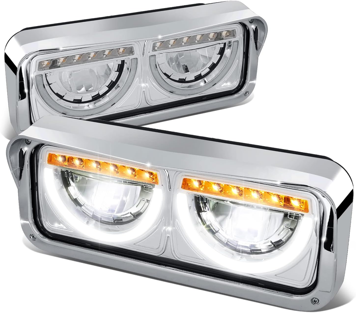 Auto Dynasty Dual LED Halo Rings DRL Headlights Assembly Compatible with Freightliner Kenworth Western Star Truck Peterbilt 357 365 378 379 81-19, Driver and Passenger Side, Chrome Housing