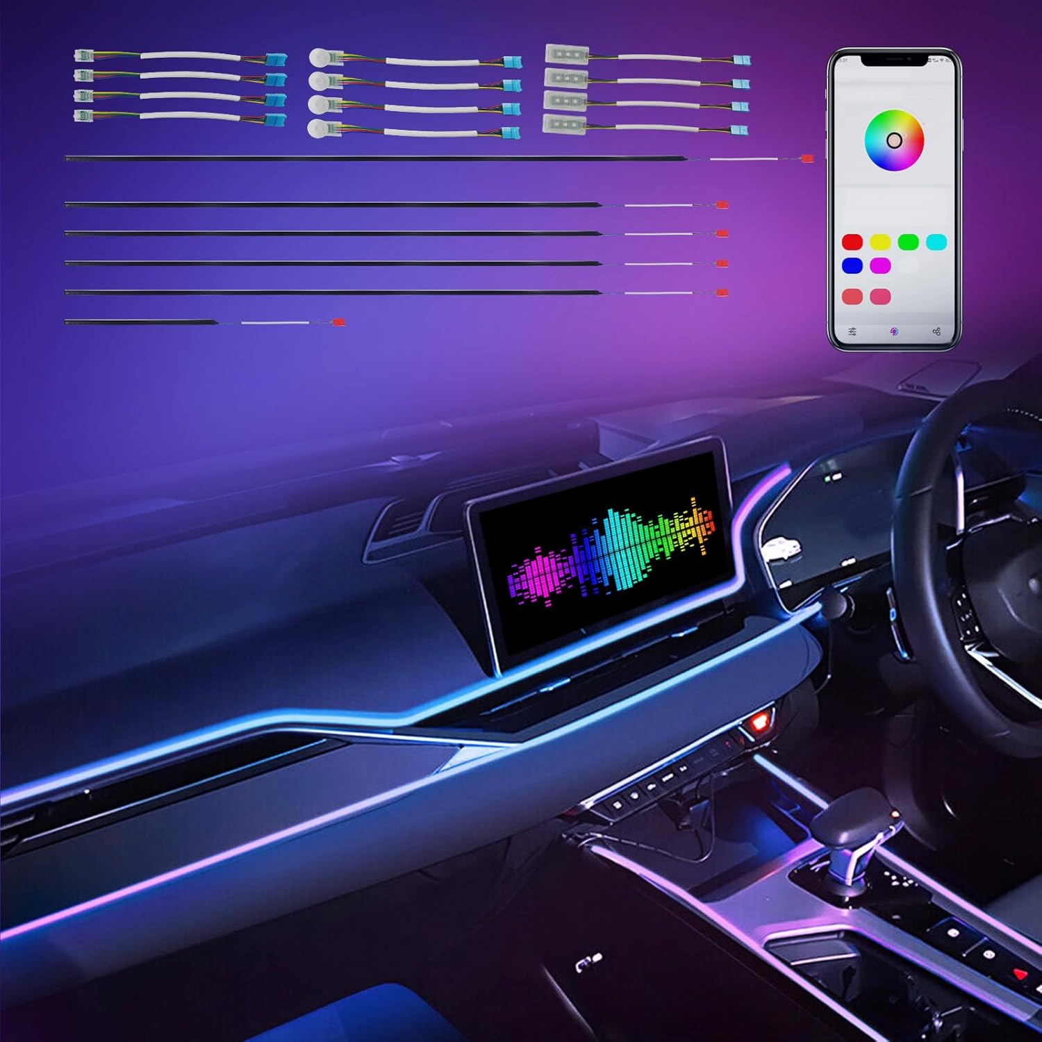Car-Ambient-Lighting-Kit,RGB 18 in 1 256 LED with Wireless APP DIY Modes Acrylic Interior Car LED Strip Light