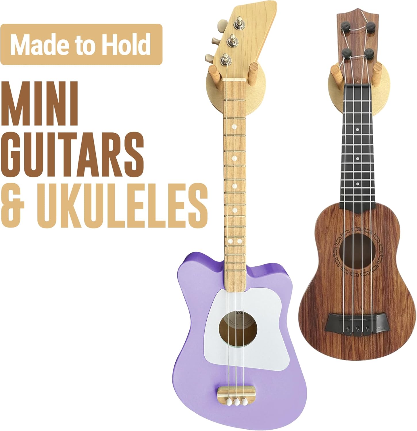Samorillo [2 Pack] Wall Mounts for Mini Guitars & Ukuleles - Wooden Hooks With Mounting Hardware - Install in Minutes and Hang With Confidence