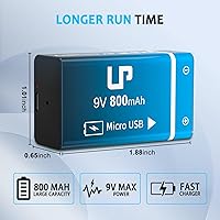 Vista 4 de LP Paquete de baterías recargables de 9V, paquete de 2 unidades, 800mAh de iones de litio, 9 voltios, batería USB con puerto de carga Micro USB