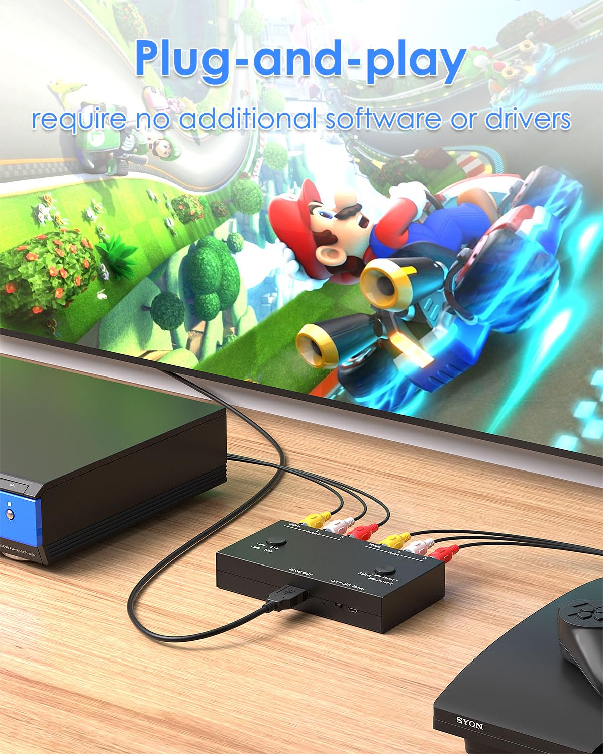 Convertidor RCA a HDMI de 2 puertos, convertidor dual AV a HDMI compatible con adaptador compuesto 16:9/4:3 a HDMI, compatible con 1080P PAL/NTSC compatible con Sega/Xbox/PS1/PS2/PS3/WII/N64/VHS, VCR