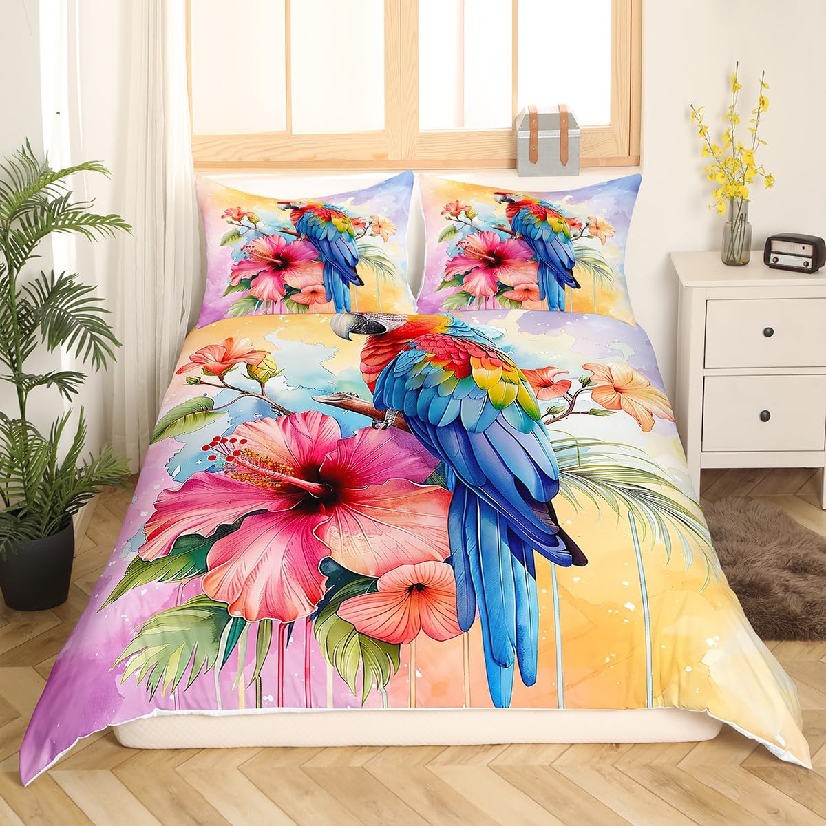 Parure de lit respirante oiseaux colorés avec housse de couette et taies d'oreiller
