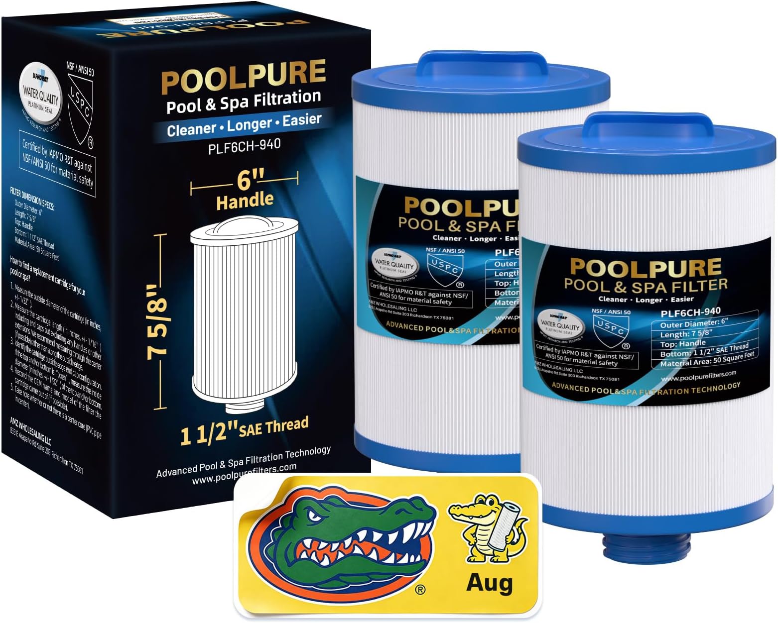 POOLPURE 6CH-940 Spa Filter Replaces PWW50P3(1 1/2" Coarse Thread), 2 Pack | Compatible with Filbur FC-0359, 25252, 03FIL1400, Waterway Front Access Skimmer, 817-0050, Screw in SAE Thread Hot Tub Filter