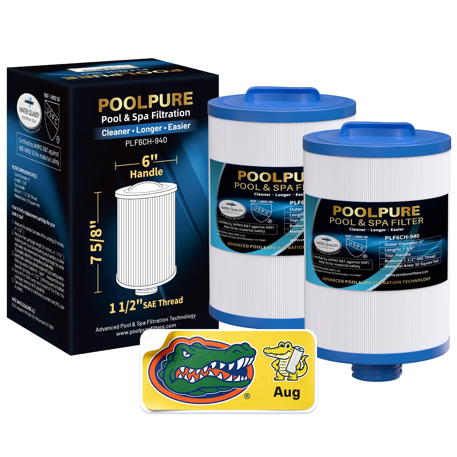 POOLPURE 6CH-940 SPA Filter Replaces PWW50P3(1 1/2" Coarse Thread), 817-0050, Filbur FC-0359, 25252, 03FIL1400, Waterway Front Access Skimmer, Screw in SAE Thread Filter 2 Pack