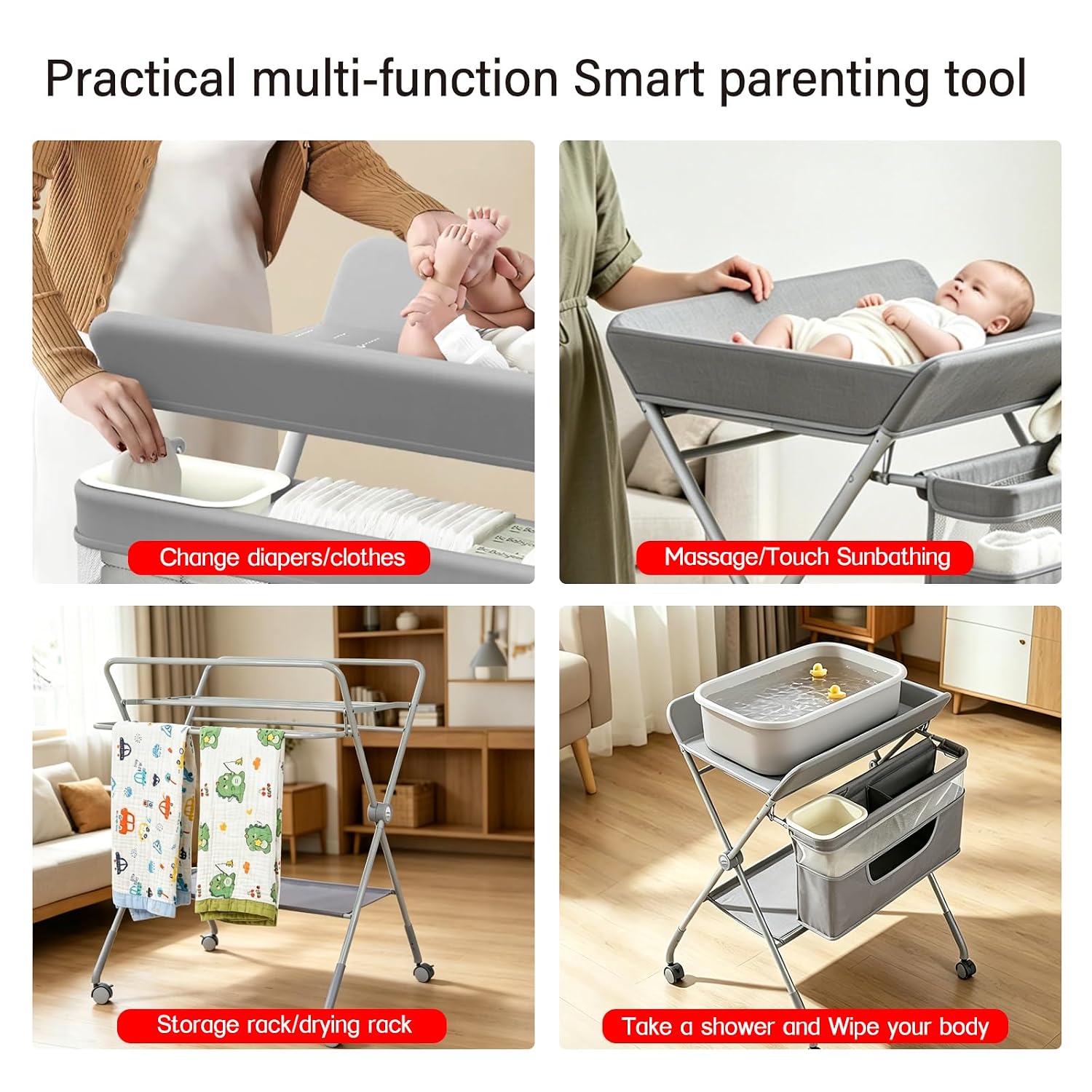Baby Changing Table with Wheels, Portable Diaper Changing Station with 4-Level Height Adjustment & Storage Rack for Newborn, Infant