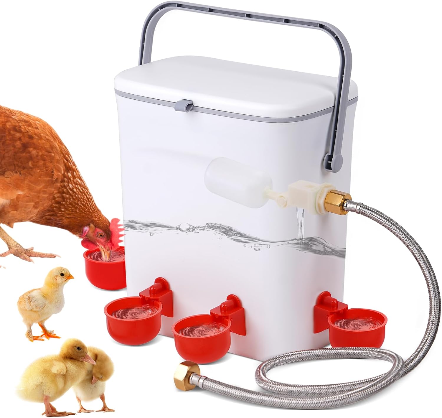 Automatic Chickens Waterer with Float Valve, 2 Gallons Poultry Water Feeder Drinking Dispenser with 4 Water Cups, Chicken Drinker with Hose Attachment for Chicks, Gooses, Ducks, Turkeys