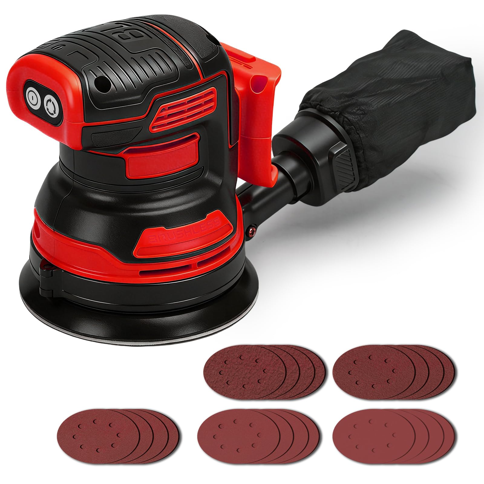 Lijadora orbital inalámbrica compatible con batería Milwaukee M de 18 V (sin batería), 125 mm sin escobillas, lijadora manual eléctrica de 4000 – 8000 rpm, 3 velocidades, 21 hojas de papel de lija y
