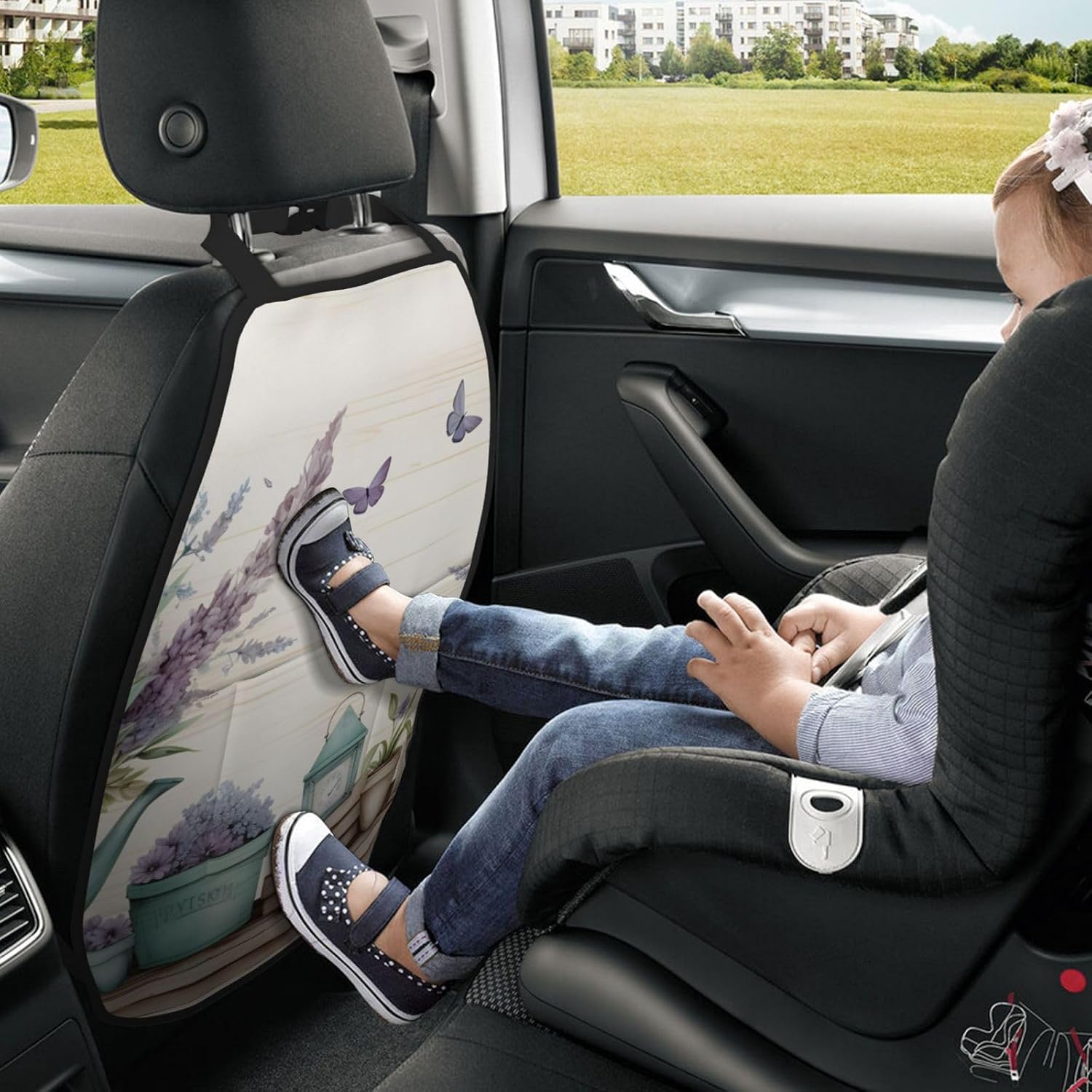 Car Seat Back Kick Protector 2 Pack 18.5x26.4 Inch, Vintage Lavender Floral Anti-Kick Pad, Waterproof Oxford Fabric Large Rear Seat Cover for Kids Pets Fits SUV Jeep Truck Sedan