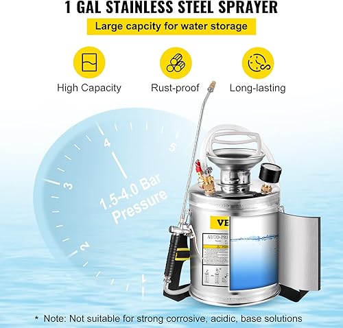 Miniatura 3 de Happybuy Pulverizador de bomba de acero inoxidable de 1 galón, varita de 12 pulgadas y manguera reforzada de 3 pies, medidor de presión, válvula