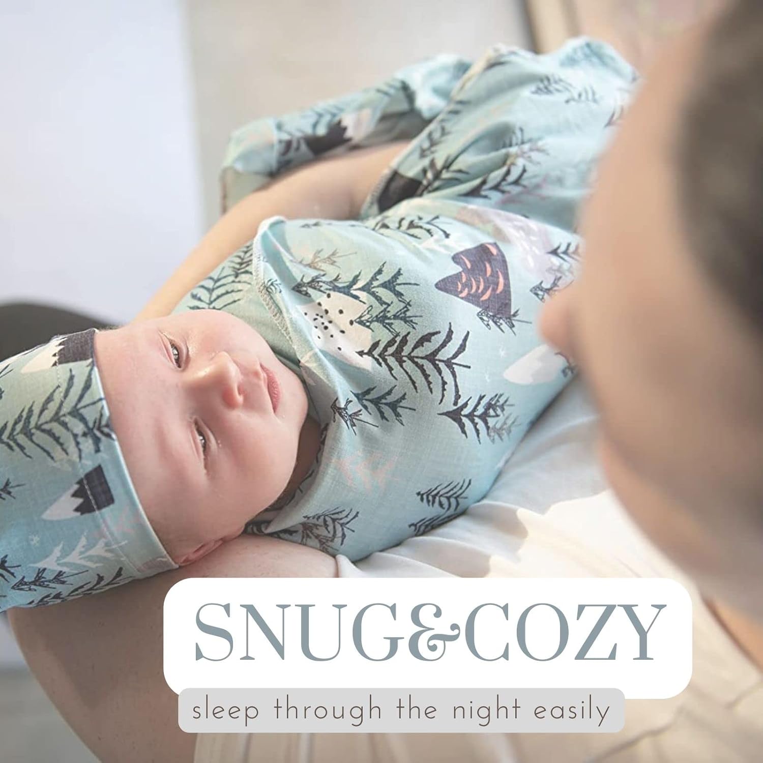 Newborn Receiving Blanket Swaddle Blanket Hat Set for Baby Snug Wrap (Mountain&Tree) - Image 3